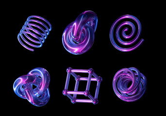 3d render, collection of simple geometric elements. set of neon icons isolated on black background. 