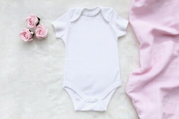 Wall Mural - Layout Flat Lay white baby shirt bodysuit, on a pink accessory , for girls. Mock up for design and placement of logos, advertisements