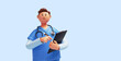 © NeoLeo - 3d render, caucasian young man, nurse cartoon character wears blue shirt, holds pen and clipboard. Health care consultation. Hospital assistant. Medical insurance concept