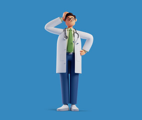 Wall Mural - 3d render, full body length cartoon character doctor looks confused. Thinking caucasian man touches head. Medical clip art isolated on blue background. Problem solving. Professional therapist at work