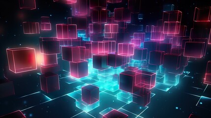 Wall Mural - Abstract 3D Concrete Cube Background with Neon Lights