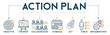© Kinder - Action Plan banner web icon vector illustration concept with icon of objective, strategy, collaboration, schedule, act, launch, check, and implementation