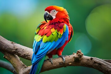 Wall Mural - blue and yellow macaw, A vibrant parrot perched on the branch of a lush green tree, its colorful feathers standing out against the backdrop of the deep blue sky