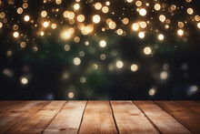 Empty Brown Wooden Floor Or Wood Board Table With Blurred Abstract Night Light Bokeh Background, Copy Space For Display Of Product Or Object Presentation, Generative AI