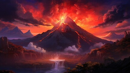 Sunset in the mountains. AI generated art illustration.