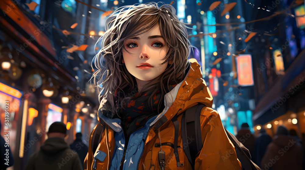 A pretty Anime girl, standing in the middle of a bustling city street ...