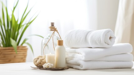 Towels with herbal bags and beauty treatment items setting in spa center in white room, Generative AI.