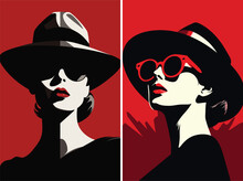 Black White Illustration Of Moden Stylish Girls With Black Hat And Glasses