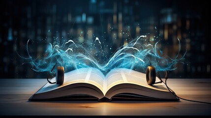 An image of a book morphing into sound waves, symbolizing the rising popularity of audiobooks in the entertainment world. Generative AI