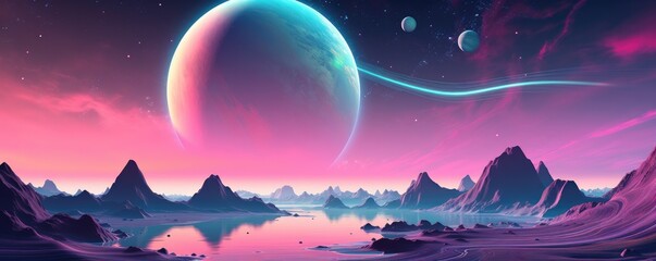 Wall Mural - a planet in universe with other life , mountains and moon in pastel colors panorama. generative ai.