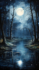 Wall Mural - Midnight moonlight magical dark forest woodland with starry foggy sky and calm river hd phone wallpaper ai generated