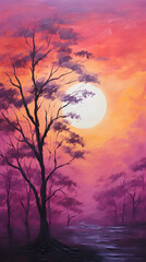 Wall Mural - Oil painting of a sunset silhouette with warm colored background hd phone wallpaper ai generated