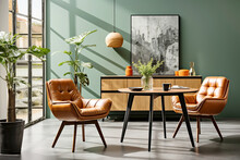 Orange Leather Chairs At Round Dining Table Against Green Wall. Scandinavian, Mid-century Home Interior Design Of Modern Living Room.