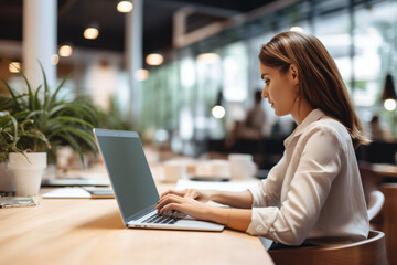 Wall Mural - Unrecognizable female employee taking notes while working on laptop in office