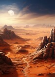Fototapeta Zwierzęta - Landscape scenery in space on Mars with universe an other life  background. Generative Ai.