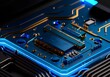 Elektronik - Technik - KI generierte Illustration von einer computerplatine mit prozessoren in blauem Licht
