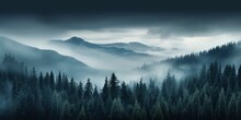 Dark Fog And Mist Over A Moody Forest Landscape. Mountain Fir Trees With Dreary Dreamy Weather. Blues And Greens. .