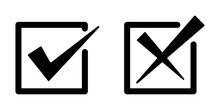 Right Wrong Symbol Icon In Square Cut Effect. Right, Wrong, Exclamation Mark Color. Vector Set Of Flat Box Check Mark, X Mark Icons, Exclamation Checkmark, Exclamation Square Sign, X Mark In Black