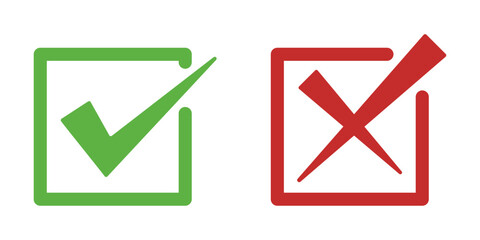 Aufkleber - Right wrong symbol icon in square cut effect. Right, Wrong, Exclamation mark color. Vector set of flat box check mark, X mark icons, exclamation point. Checkmark, exclamation square sign, X mark