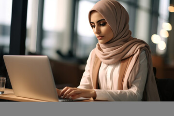 Wall Mural - Unrecognizable muslim woman in headscarf working on laptop in office