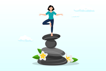 Calm young woman meditate in yoga pose and balance on rock stack, harmony, balance or meditation, mindfulness relaxation for life wellness, zen or spiritual therapy, focus or concentration (Vector)