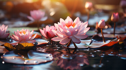 Wall Mural - beautiful pink lotus flower in the pond.generative ai