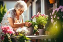 Unrecognizable Senior Woman Gardening On Balcony In Summer, Planting Flowers