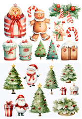 Set of cute christmas elements for merry x'mas celebration on white background. Watercolor illustration background, Generative AI