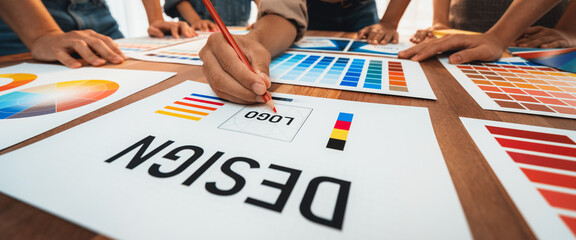 Poster - Graphic designer brainstorm logo and graphic art at busy creative studio workshop. Experiment and brainstorm color palette and pattern at workspace table for creative design. Panorama shot. Scrutinize