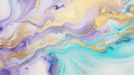 Fototapete - Generative AI : Luxury abstract fluid art painting in alcohol ink technique, mixture of blue and purple paints. Imitation of marble stone cut, glowing golden veins. Tender and dreamy design.