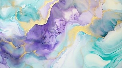 Fototapete - Generative AI : Luxury abstract fluid art painting in alcohol ink technique, mixture of blue and purple paints. Imitation of marble stone cut, glowing golden veins. Tender and dreamy design.
