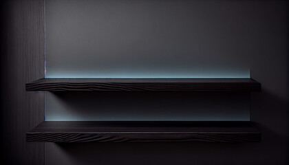 Empty black wooden shelf on dark background. empty shelf on a dark background, Ai generated image