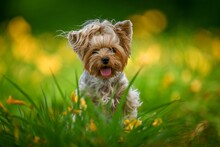 Cheerful Yorkie Dog In A Lush Green Field Surrounded By Yellow Wildflowers