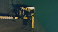 Aerial View Of An Abandoned Dock From A Drone. Bodega Bay,
California, USA.