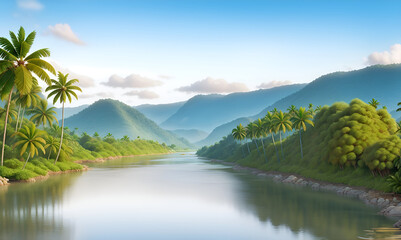 Spring landscape morning in village with green meadow on hills, orang and blue sky, Spring panorama view by the river, Countryside with river,green field,wild flowers and sunset. coconut plantation.