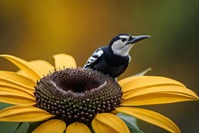 Black And White Female Woodpecker Feeding On A Yellow Sunflower On An Autumn Day. Captured In A Richmond Hill, Ontario Park.
