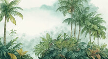 Palm Trees In A Jungle Forest. Decorative Watercolor Painting, Landscape.