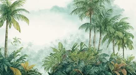 Palm trees in a jungle forest. decorative watercolor painting, landscape.