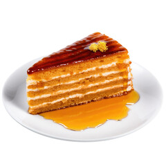 Canvas Print - Slice of honey cake on a white plate, isolated on a background.