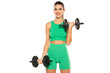 © vladimirfloyd - young sporty smiling woman in green shorts and top holding weights on white background