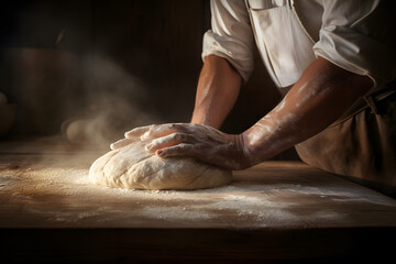 Wall Mural - Man's hands rolling the dough. Bread baking concept photo