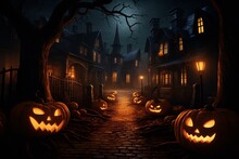 Dimly Lit Street Lined With Jack-O-Lanterns. The Pumpkins' Eerie Glows Create Interesting Shadows And Highlight