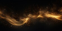 Abstract Luxury Swirling Gold Background With Gold Particle. Christmas Golden Light Shine Particles Bokeh On Dark Background. Gold Foil Texture.
