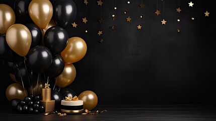 Empty black window curtains with birthday decoration with love balloon background. For product display.