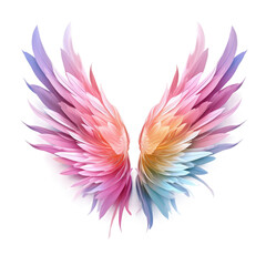 transparent backround with isolated feather design element featuring an angels wings in a pastel rainbow color palette.