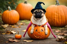 Halloween Holiday, Cute Pug And Pumpkin On A Neutral Background Created By Artificial Intelligence On A Neutral Background Generated By AI