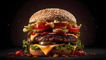 Burger isolated on black background. Fast food photorealistic.