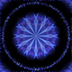 glowing cobalt blue colourful radial petal floral fantasy within a single circle on a black background