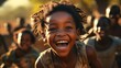 Poor but happy African children run and play all together.  the problem of poverty and misery in Africa