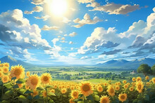 夏のひまわり畑の風景-水彩アニメ背景